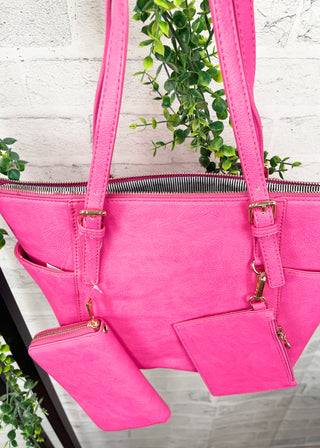 Fuchsia 3-Piece Faux Leather Tote, Pouch & Wallet Set