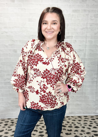 Garnet Cherry Blossom Print Scalloped Hem Blouse
