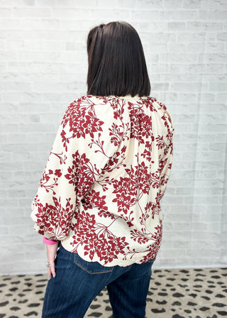 Garnet Cherry Blossom Print Scalloped Hem Blouse