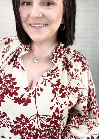 Garnet Cherry Blossom Print Scalloped Hem Blouse
