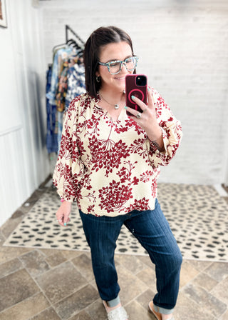 Garnet Cherry Blossom Print Scalloped Hem Blouse
