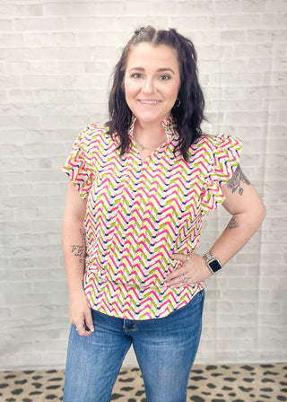 Geometric Print Ruffled Sleeve V Neck Top