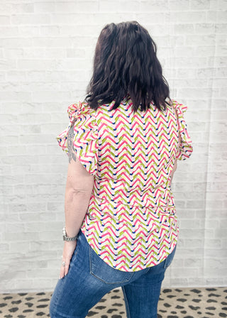 Geometric Print Ruffled Sleeve V Neck Top