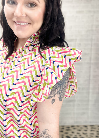 Geometric Print Ruffled Sleeve V Neck Top