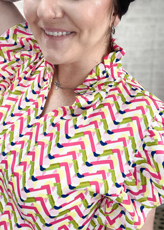 Geometric Print Ruffled Sleeve V Neck Top