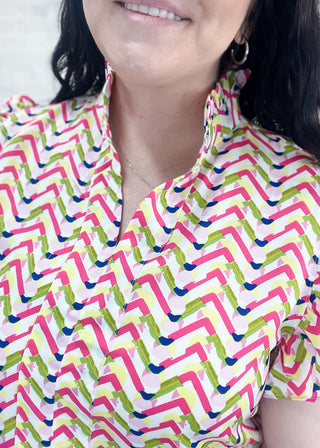 Geometric Print Ruffled Sleeve V Neck Top