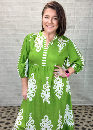 Green Desert Bloom Embroidered Midi Dress