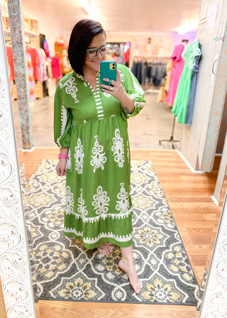 Green Desert Bloom Embroidered Midi Dress