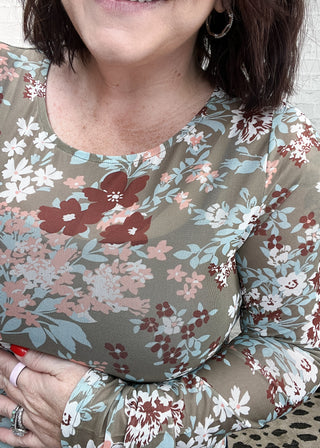Green Floral Print Mesh Top