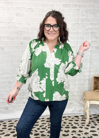 Green Floral Scallop Trim Blouse