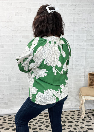 Green Floral Scallop Trim Blouse