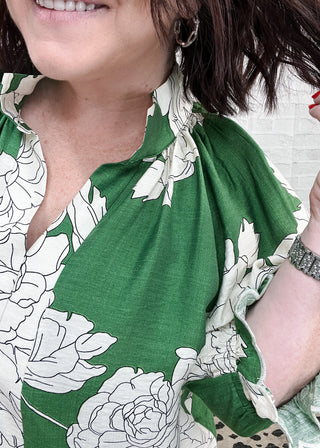 Green Floral Scallop Trim Blouse