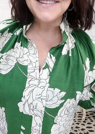 Green Floral Scallop Trim Blouse