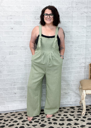 Green Gingham Wide Leg Overalls