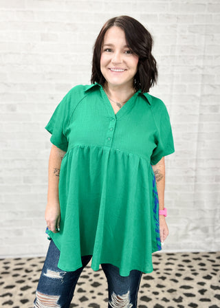 Green Linen & Chevron High Low Button Detail Top
