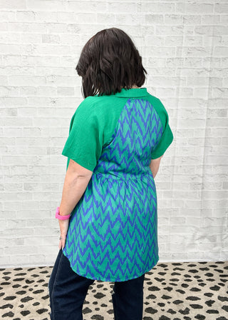 Green Linen & Chevron High Low Button Detail Top