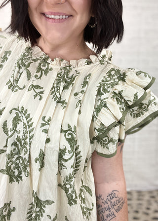 Green Manor Ruffle Sleeve Mini Dress