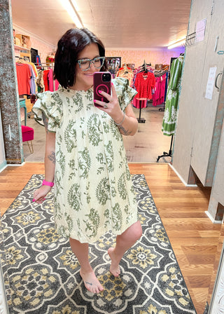 Green Manor Ruffle Sleeve Mini Dress