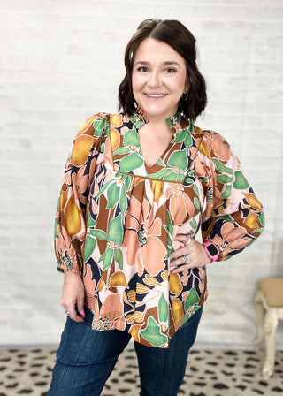 Green Mix Abstract Floral Ruffle Neck Top