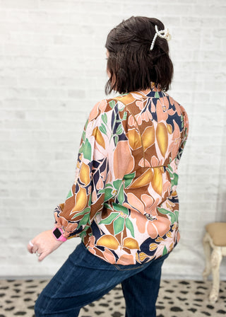 Green Mix Abstract Floral Ruffle Neck Top
