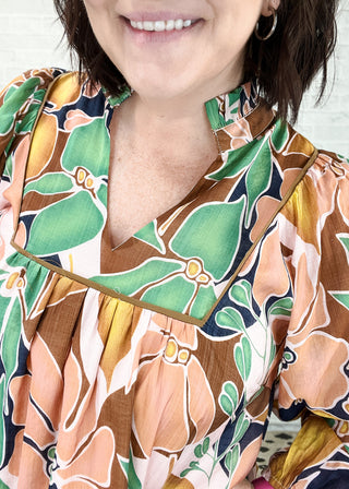 Green Mix Abstract Floral Ruffle Neck Top