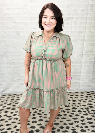 Green/Pink Sweet Gingham Charm Ruffle Trim Dress