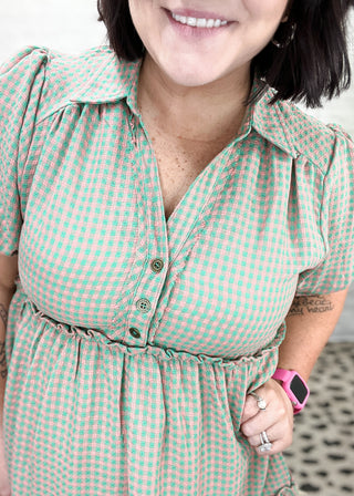 Green/Pink Sweet Gingham Charm Ruffle Trim Dress