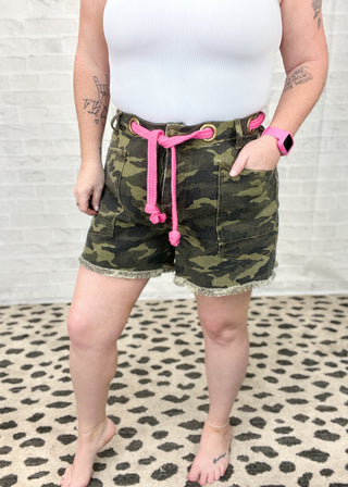 Hot Pink Braided Belt Camo Patch Pocket Shorts