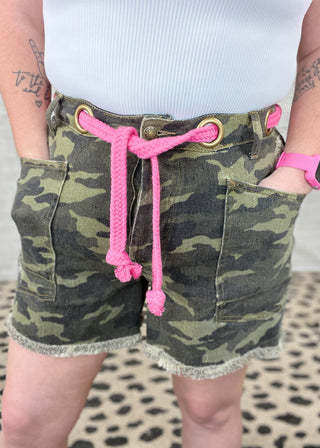Hot Pink Braided Belt Camo Patch Pocket Shorts