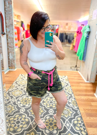 Hot Pink Braided Belt Camo Patch Pocket Shorts