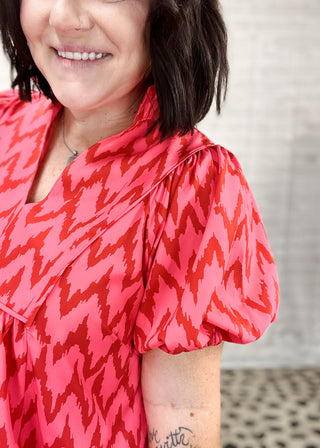 Hot Pink High Collar Chevron Print Yoke Top