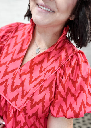 Hot Pink High Collar Chevron Print Yoke Top