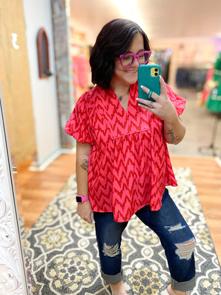 Hot Pink High Collar Chevron Print Yoke Top