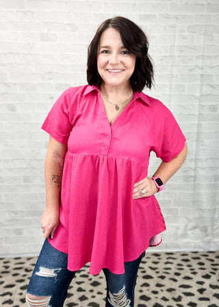 Hot Pink Linen & Chevron High Low Button Detail Top