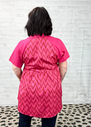 Hot Pink Linen & Chevron High Low Button Detail Top