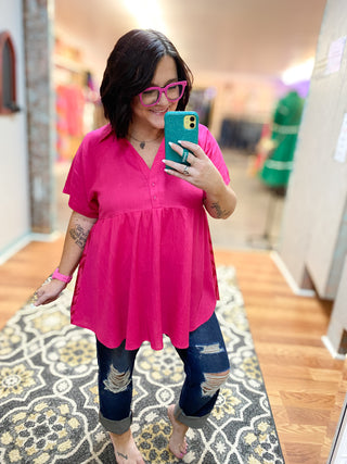 Hot Pink Linen & Chevron High Low Button Detail Top