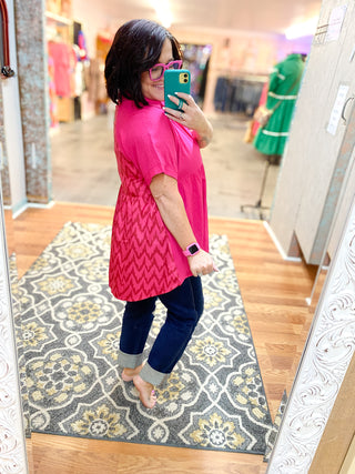 Hot Pink Linen & Chevron High Low Button Detail Top