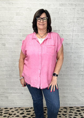 Hot Pink Mineral Washed Collared V-Neck Button Down Top