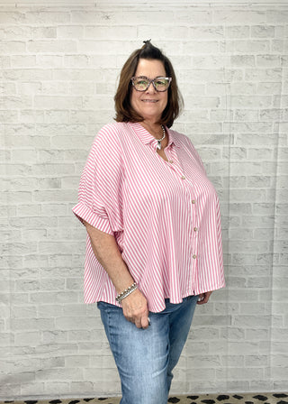 Hot Pink Oversized Striped Button-Up Shirt