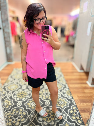 Hot Pink Sleeveless Button Down Collared Top