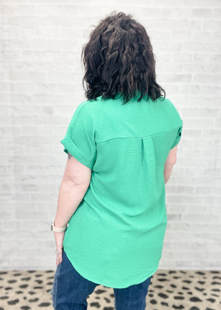 Kelly Green Button Down Collared Top | S-3X