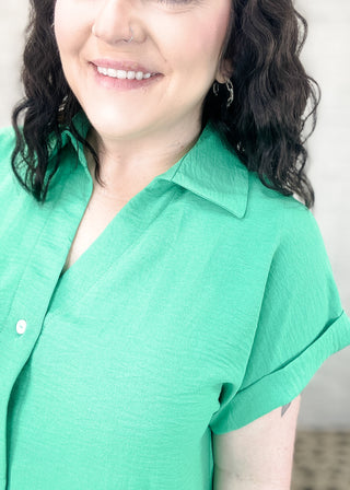 Kelly Green Button Down Collared Top | S-3X