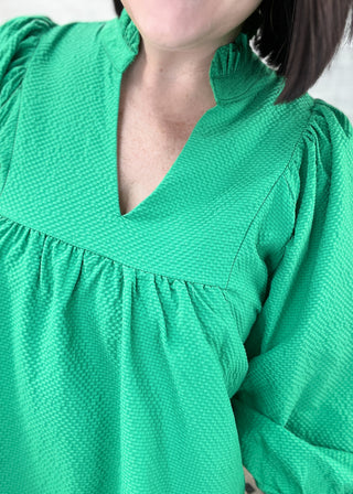 Kelly Green Textured Puff Sleeve Babydoll Dress