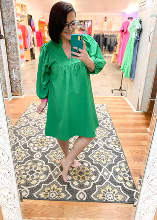 Kelly Green Textured Puff Sleeve Babydoll Dress