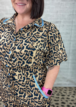 Lace Trimmed Leopard Print Button Down Romper