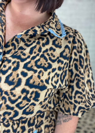Lace Trimmed Leopard Print Button Down Romper