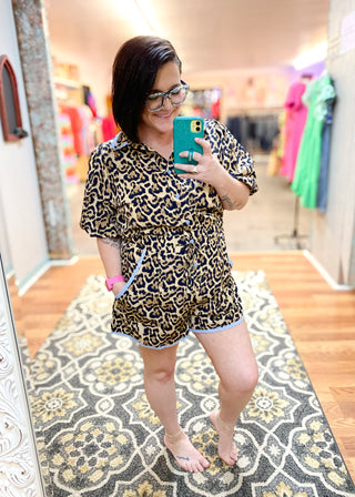 Lace Trimmed Leopard Print Button Down Romper