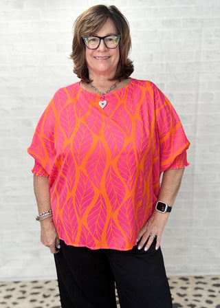 Leaf Printed Smocked Lantern Sleeve Top