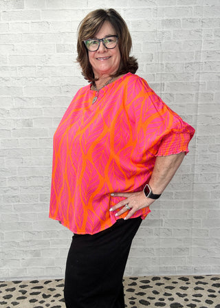 Leaf Printed Smocked Lantern Sleeve Top