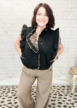 Leopard Lined Quilted Ruffle Vest